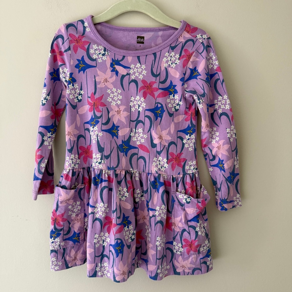 Tea Collection Girls Purple Floral Long Sleeve Pocket Jersey Dress‎ Size 2